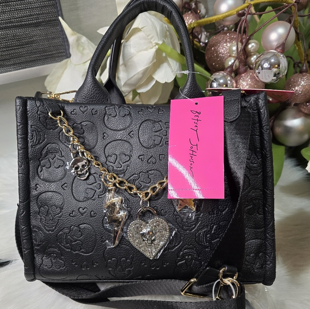 Betsey Johnson Black Embossed Skulls crossbody new